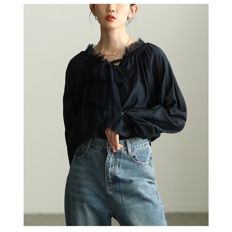 ネイビー | 洗練された華やかさを纏うリボンタイギャザーブラウス レディース ファッション | Sawa a la mode