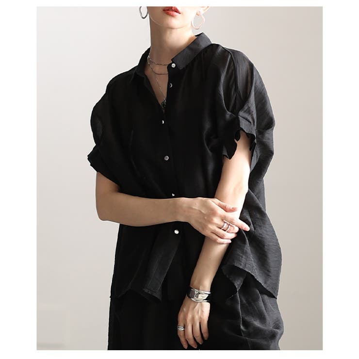 ブラック | 軽やかに抜け感纏うタックフレンチスリーブシアーブラウス レディース ファッション | Sawa a la mode