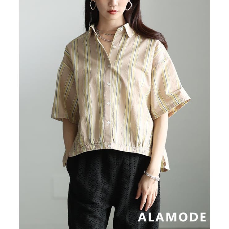 キャメル | シンプルなのに洒落るインド綿ストライプブラウス レディース トップス | Sawa a la mode