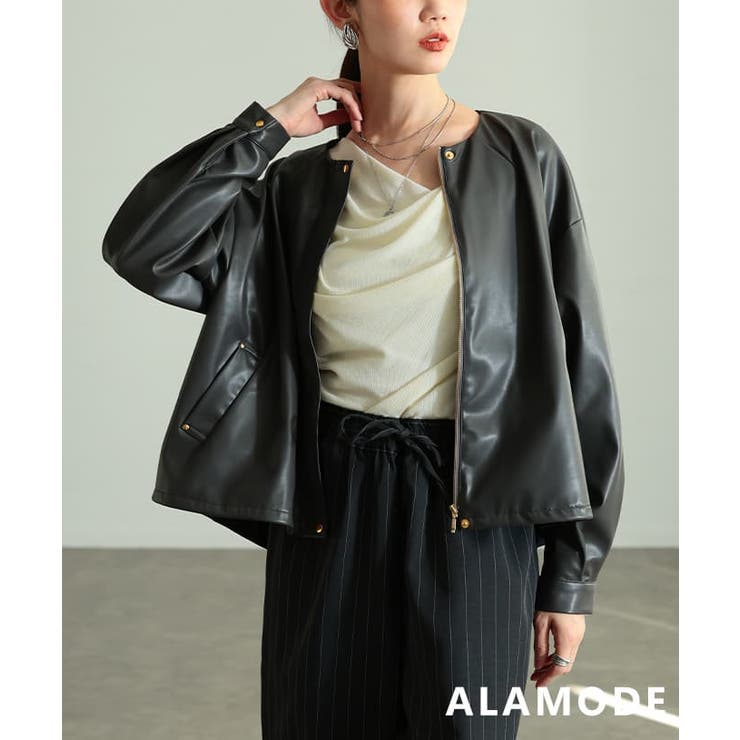 チャコールグレー | 抜け感で着こなすノーカラーフェイクレザージャケット レディース アウター | Sawa a la mode