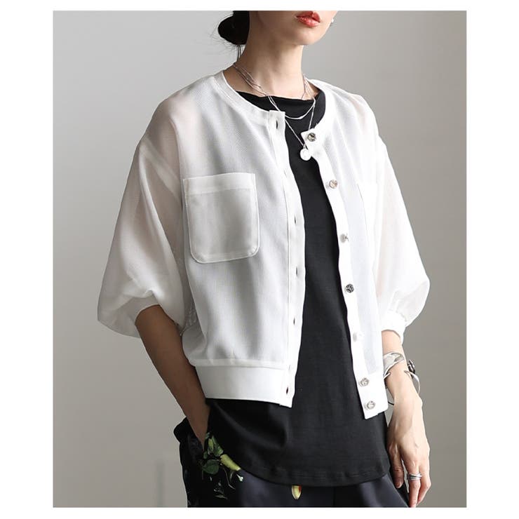 ホワイト | エアリーに重なるスポンジニットボリューム袖カーディガン レディース ファッション | Sawa a la mode