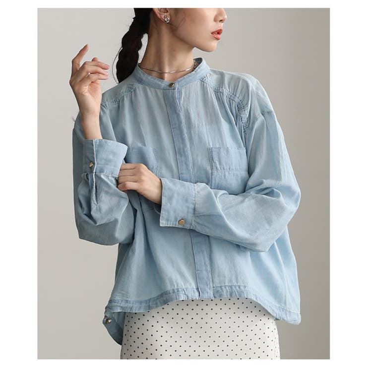 ブルー | 軽やかな風を纏うシアーデニムギャザー裾ドロストシャツ レディース ファッション | Sawa a la mode