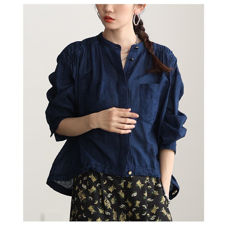 ネイビー | 軽やかな風を纏うシアーデニムギャザー裾ドロストシャツ レディース ファッション | Sawa a la mode
