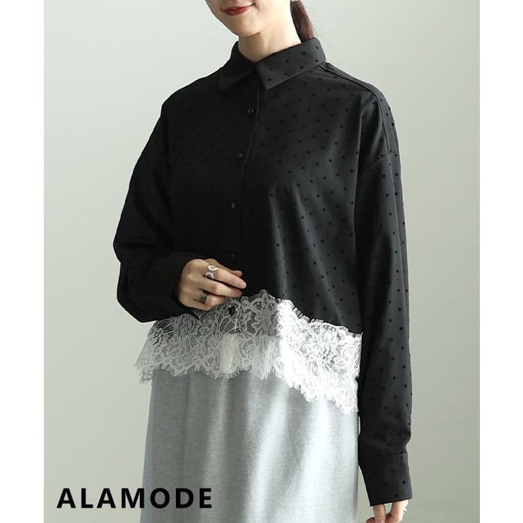 ブラック | クラシカルに映えるフロッキードット裾レースシャツ レディース トップス | Sawa a la mode
