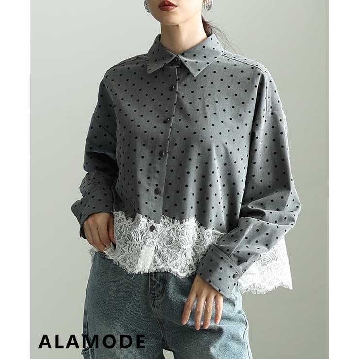 グレー | クラシカルに映えるフロッキードット裾レースシャツ レディース トップス | Sawa a la mode
