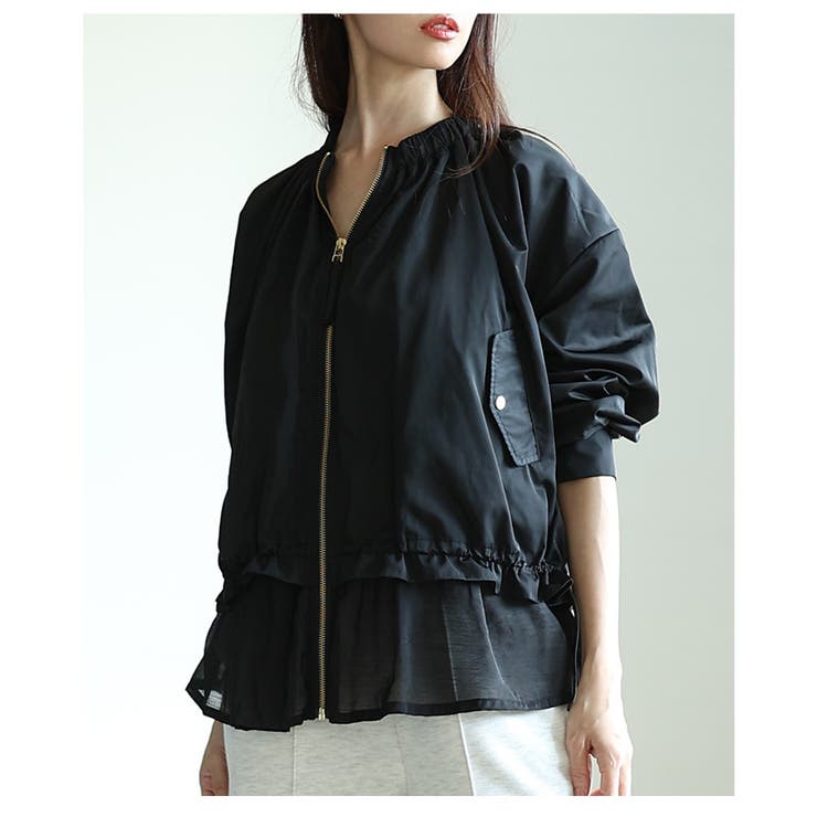 ブラック | ミリタリー×フェミニンな異素材バックテープブルゾン レディース ファッション | Sawa a la mode