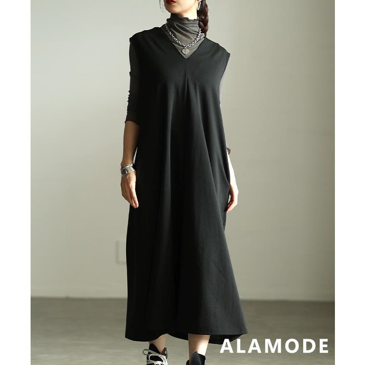 ブラック | ラインで魅せるショルダーラインVネックワンピース レディース ワンピース | Sawa a la mode