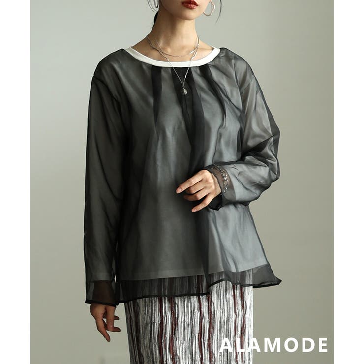 オフ×ブラック | 一枚で完成するオーガンジーレイヤードプルオーバー レディース トップス | Sawa a la mode