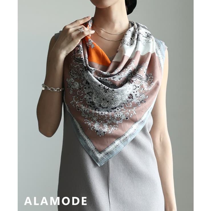 オレンジ | 色の重なりで魅せるパネルペイズリープリントスカーフ レディース スカーフ | Sawa a la mode