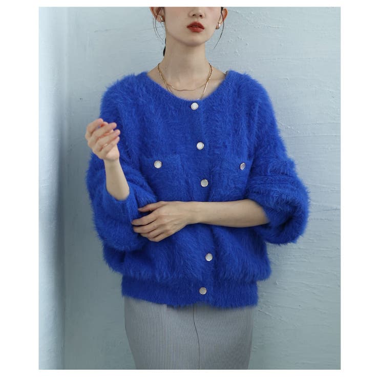 ブルー | ふんわり感に一目惚れするフェザーヤーンクルーネックカーディガン レディース | Sawa a la mode