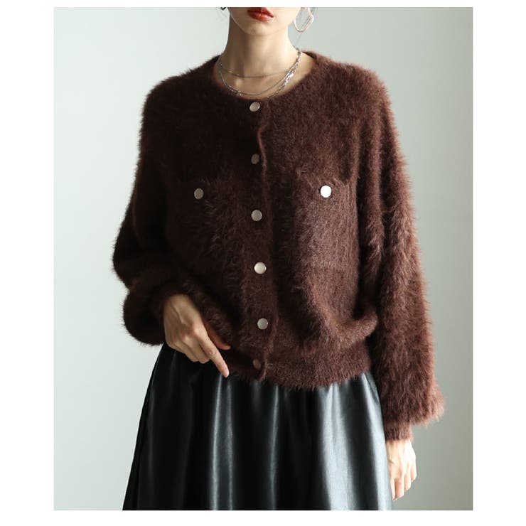 ブラウン | ふんわり感に一目惚れするフェザーヤーンクルーネックカーディガン レディース | Sawa a la mode