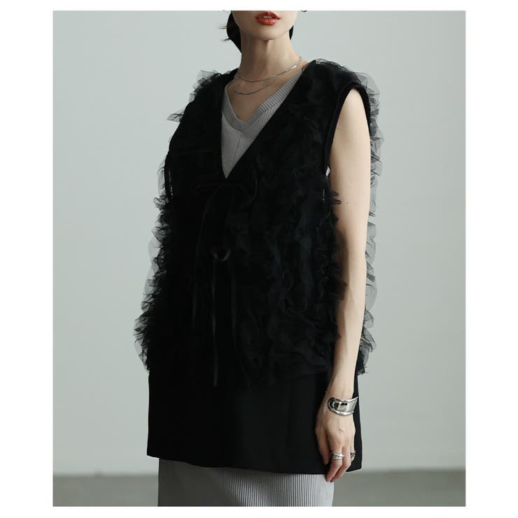 ブラック | 重ねて楽しむツイルジレ＆チュールジレアンサンブル レディース ファッション | Sawa a la mode