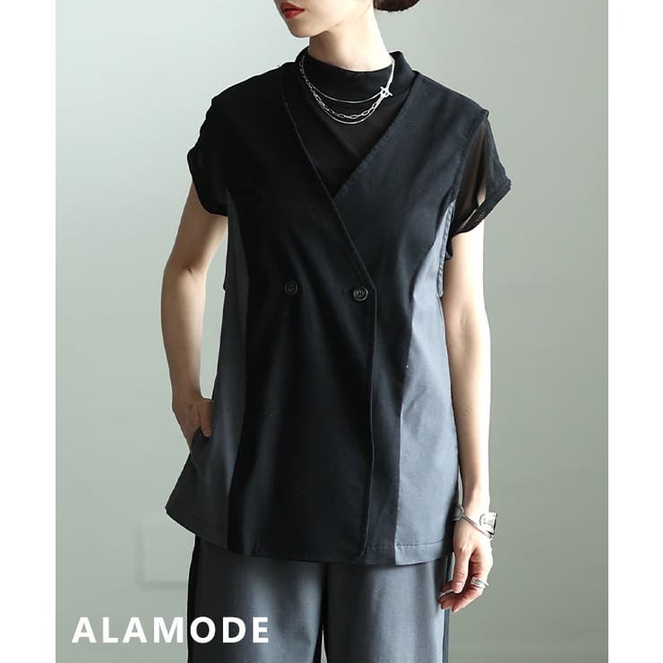 ブラック | きれいに決まる麻混キャンバス配色切替ジレ レディース バイカラー | Sawa a la mode
