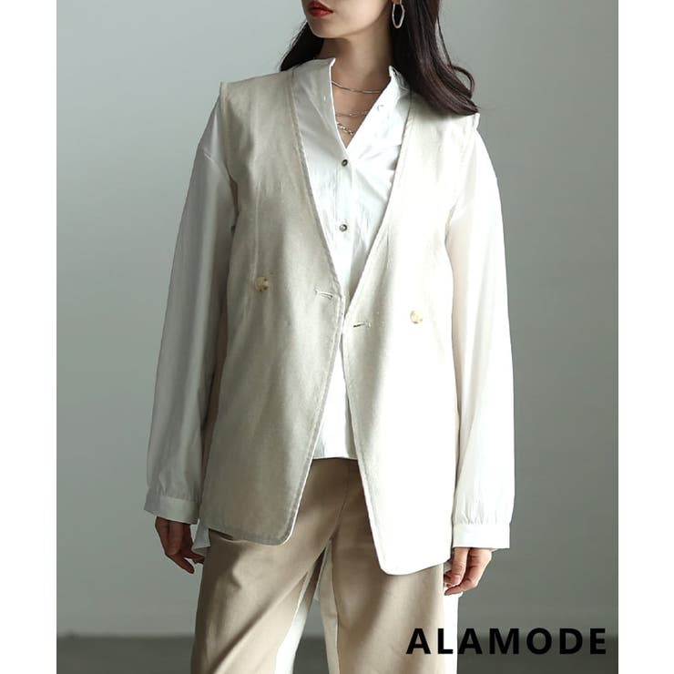 エクリュ | きれいに決まる麻混キャンバス配色切替ジレ レディース バイカラー | Sawa a la mode
