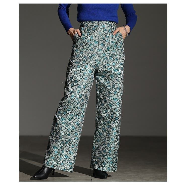 グリーン | 控えめな華やぎ纏う小花柄ジャガードストレートパンツ レディース ファッション | Sawa a la mode