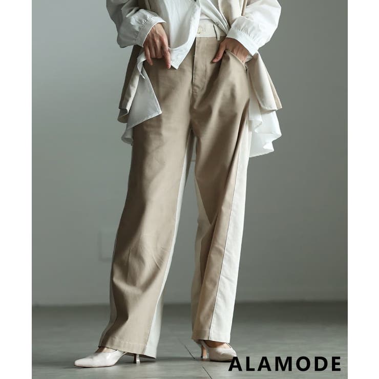 エクリュ | すらっとこなれる麻混キャンバス配色切替ワイドパンツ レディース バイカラー | Sawa a la mode