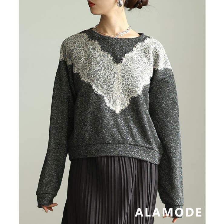 ブラック | ひと目で華やぐグリッターレースプルオーバー レディース トップス | Sawa a la mode