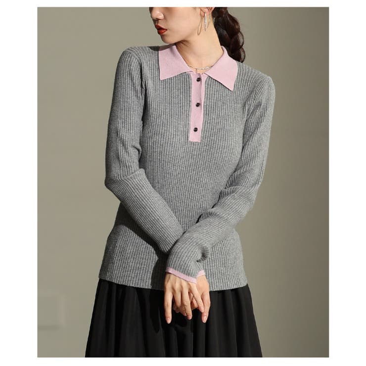 杢グレー | 配色マジックに魅了するバイカラーポロニットプルオーバー レディース ファッション | Sawa a la mode