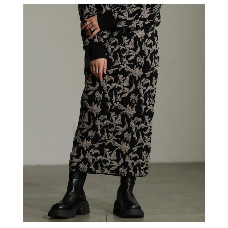 ブラック | 奥行き纏うリーフモチーフふくれジャガードニットスカート レディース ファッション | Sawa a la mode