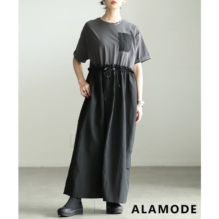 チャコール | モードに着こなす異素材ドッキングロングワンピース レディース ワンピース | Sawa a la mode