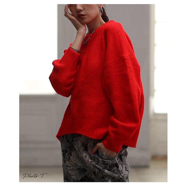 レッド | デイリーに着まわせるショートニットプルオーバートップス レディース ファッション | Sawa a la mode