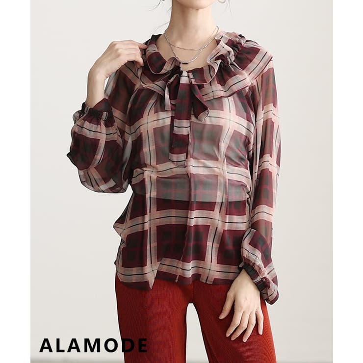 レッド | ふんわり上品に華やぐシアーチェックフリルネックブラウス レディース トップス | Sawa a la mode