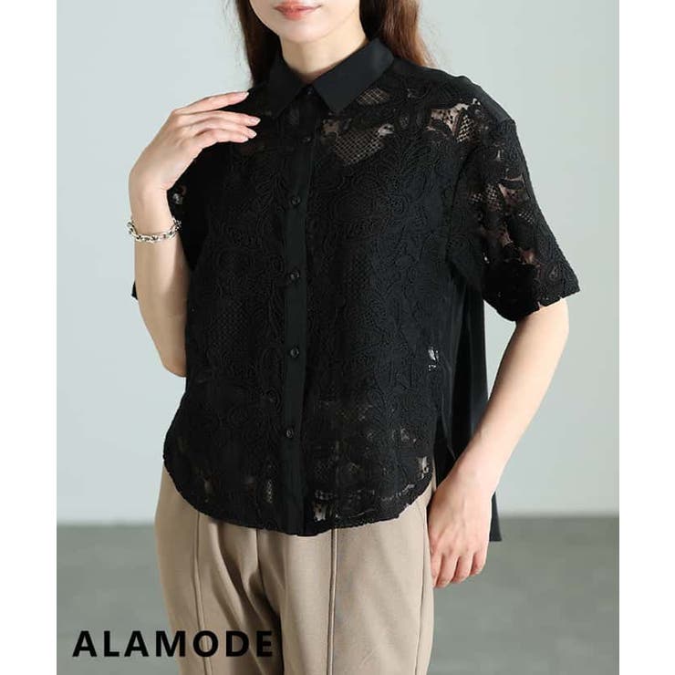 ブラック | 大人の日常を彩る刺繍レースシャツブラウス レディース トップス | Sawa a la mode