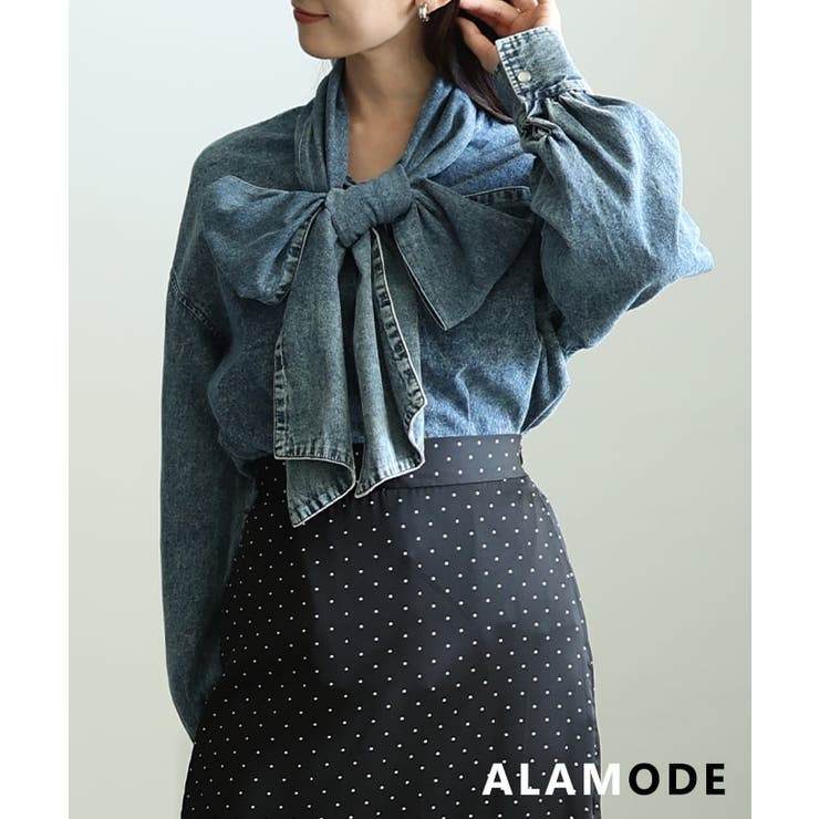 インディゴブルー | 甘さを結ぶボリュームリボンデニムシャツ レディース トップス | Sawa a la mode