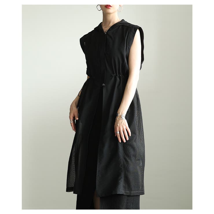 ブラック | 重ねて垢抜けるローン×メッシュフーディーロングジレ レディース ファッション | Sawa a la mode