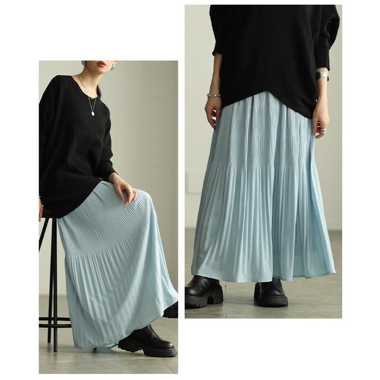 サックス | ふわっと軽やかなマジョリカプリーツフレアスカート レディース ファッション | Sawa a la mode