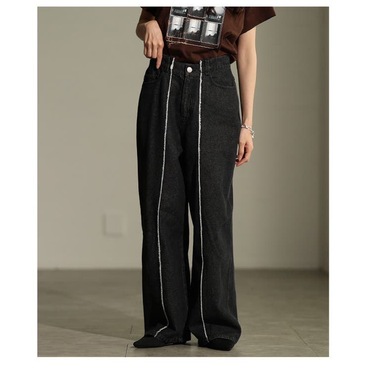 ブラック | ヒトクセ添えるセンターラインストレートデニムパンツ レディース ファッション | Sawa a la mode