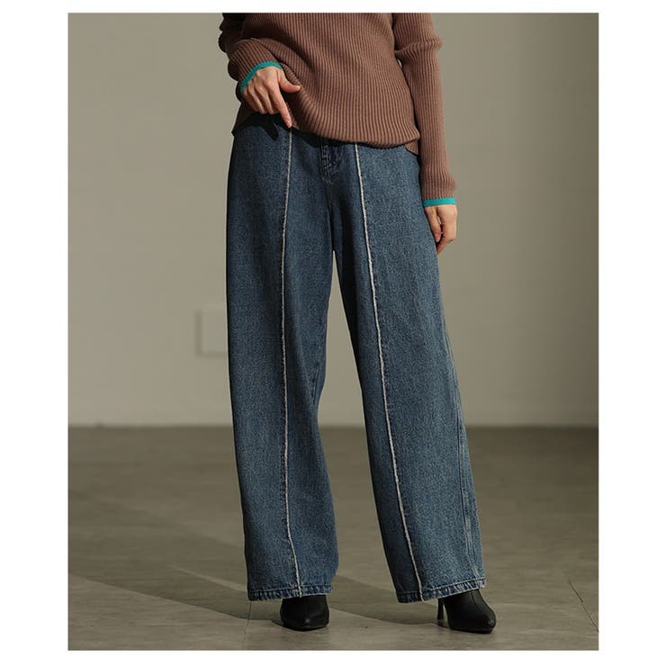 ブルー | ヒトクセ添えるセンターラインストレートデニムパンツ レディース ファッション | Sawa a la mode