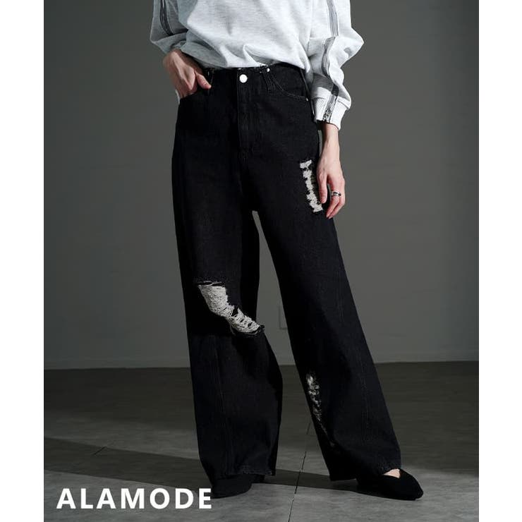 ブラック | 穿くだけでサマになるデニムダメージパンツ レディース パンツ | Sawa a la mode
