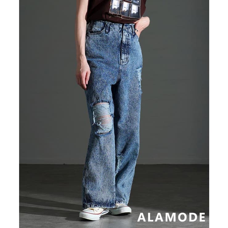 ブルー | 穿くだけでサマになるデニムダメージパンツ レディース パンツ | Sawa a la mode