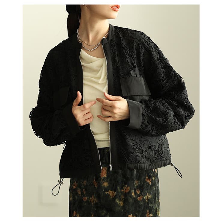ブラック | 甘さを削ぎ落した裾ドロストジップアップレースブルゾン レディース ファッション | Sawa a la mode