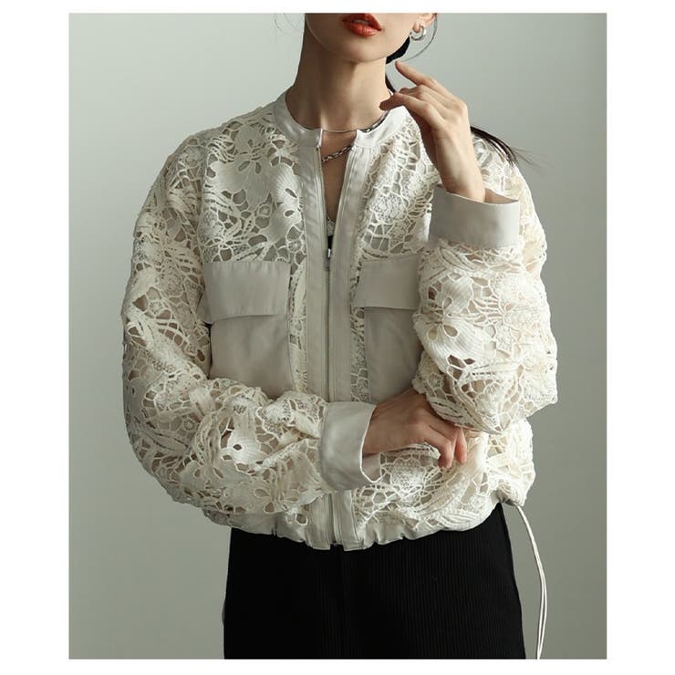 アイボリー | 甘さを削ぎ落した裾ドロストジップアップレースブルゾン レディース ファッション | Sawa a la mode