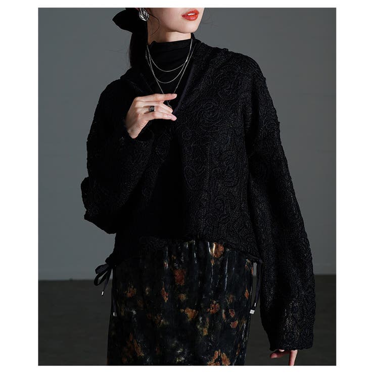 ブラック | 甘さもラフさも叶える花柄モール刺繍レースショートフーディー レディース ファッシ… | Sawa a la mode