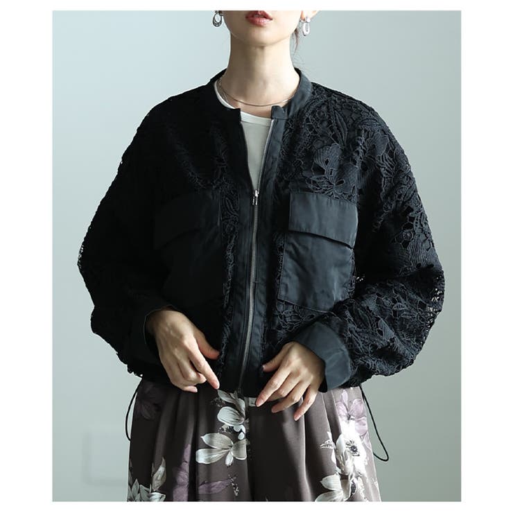 ブラック | 相反する魅力を宿す花柄レース裾ドロストジップブルゾン レディース ファッション | Sawa a la mode