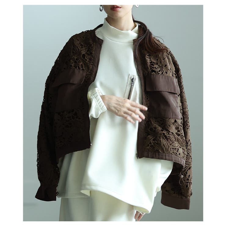 ブラウン | 相反する魅力を宿す花柄レース裾ドロストジップブルゾン レディース ファッション | Sawa a la mode