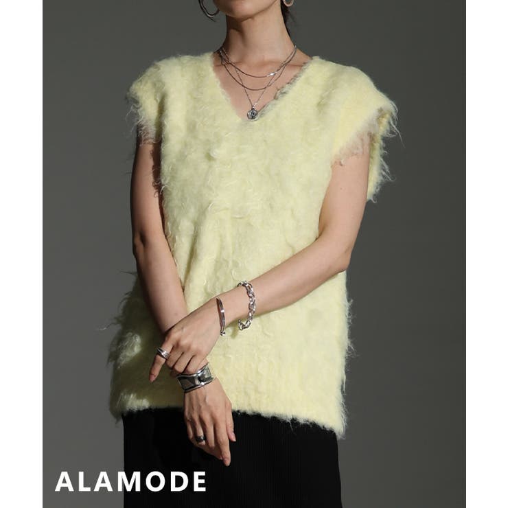 イエロー | ふわっと華やぐフェザーニットベスト レディース トップス | Sawa a la mode