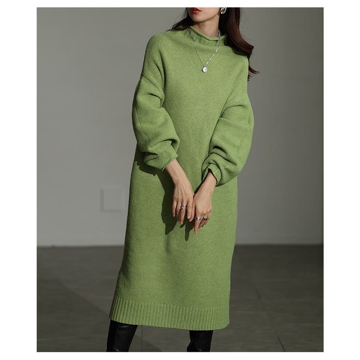 グリーン | 力を抜いて着るボトルネックラムライクニットワンピース レディース ファッション | Sawa a la mode