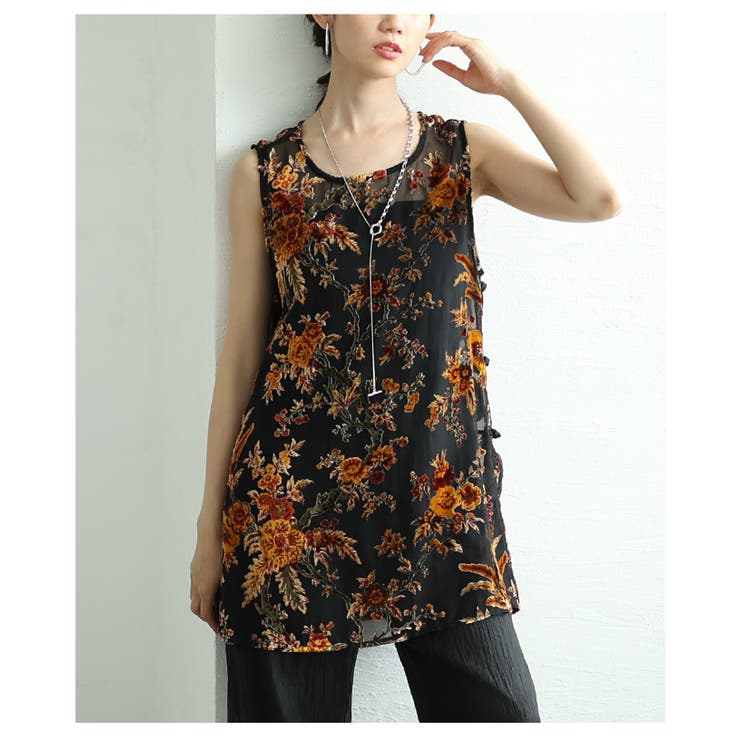 ブラック | オシャレが惹き立つ艶めくベロアのヴィンテージフラワーチュニック レディース ファ… | Sawa a la mode