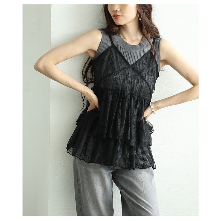 ブラック | レイヤードでサマになるフラワーレースキャミソール＆リブニット2点セット レディー… | Sawa a la mode