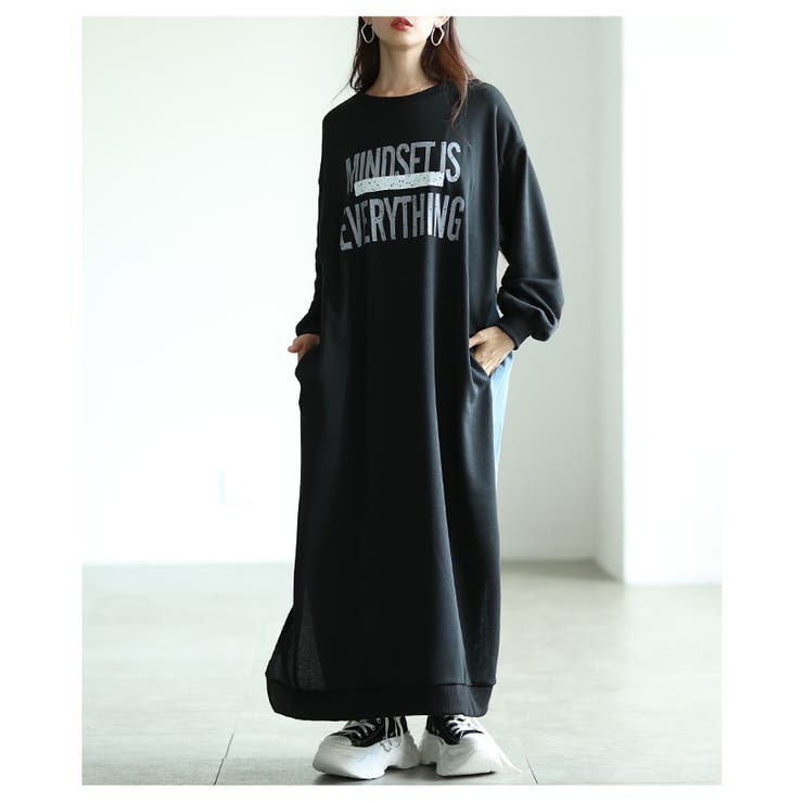 ブラック | ギャップを楽しむスウェット×デニムプルオーバーワンピース レディース ファッショ… | Sawa a la mode