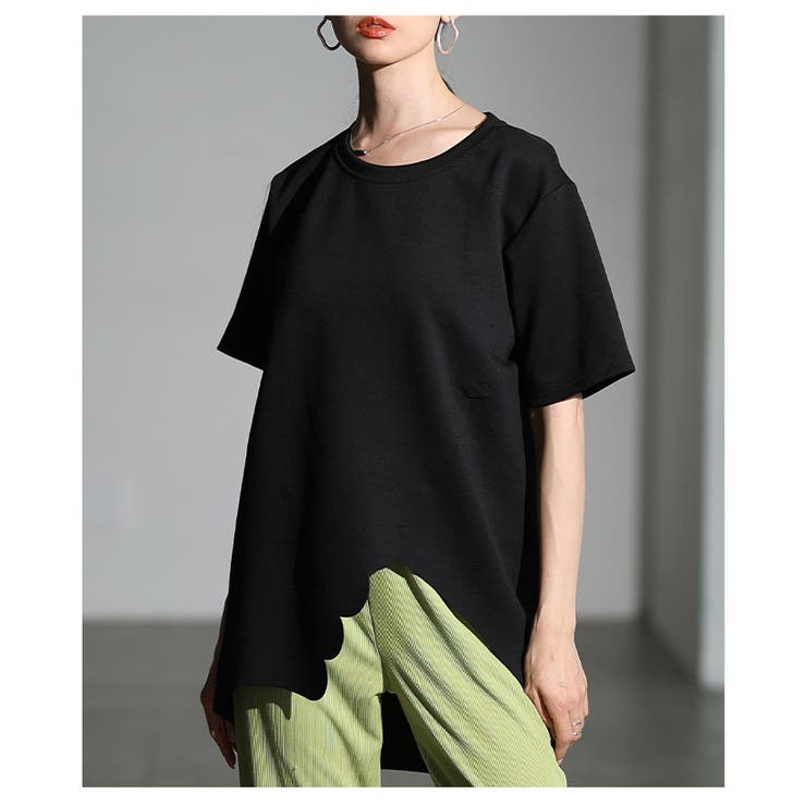 ブラック | スカラップカットアシンメトリーカットソーチュニック レディース ファッション | Sawa a la mode