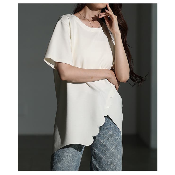 ホワイト | スカラップカットアシンメトリーカットソーチュニック レディース ファッション | Sawa a la mode