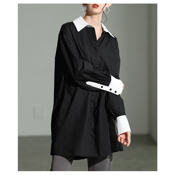 ブラック | 大人の洗練さ引き立つバイカラーシャツチュニック レディース ファッション | Sawa a la mode