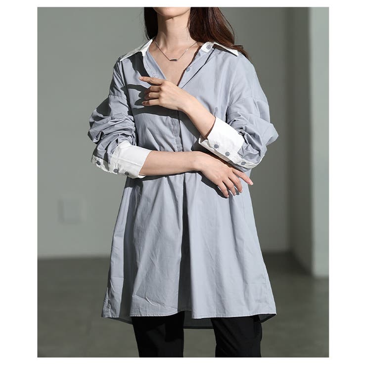 グレー | 大人の洗練さ引き立つバイカラーシャツチュニック レディース ファッション | Sawa a la mode
