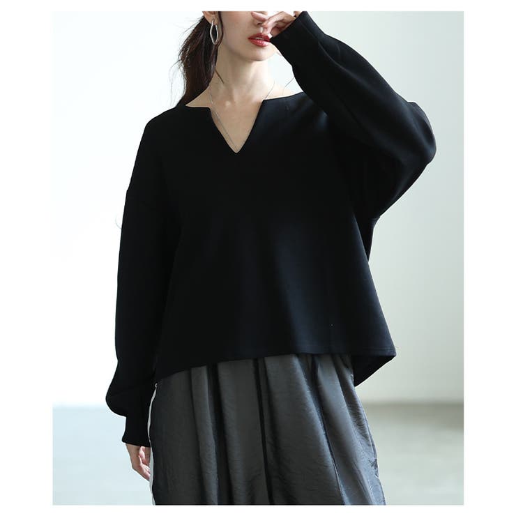 ブラック | 大人が着たいコクーンスリーブVネックプルオーバー レディース ファッション | Sawa a la mode