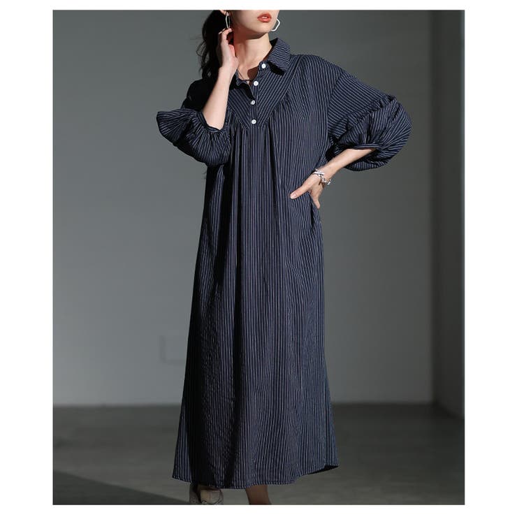 ネイビー | シルエットを変えて楽しめるストライプ柄シャツワンピース レディース ファッション | Sawa a la mode